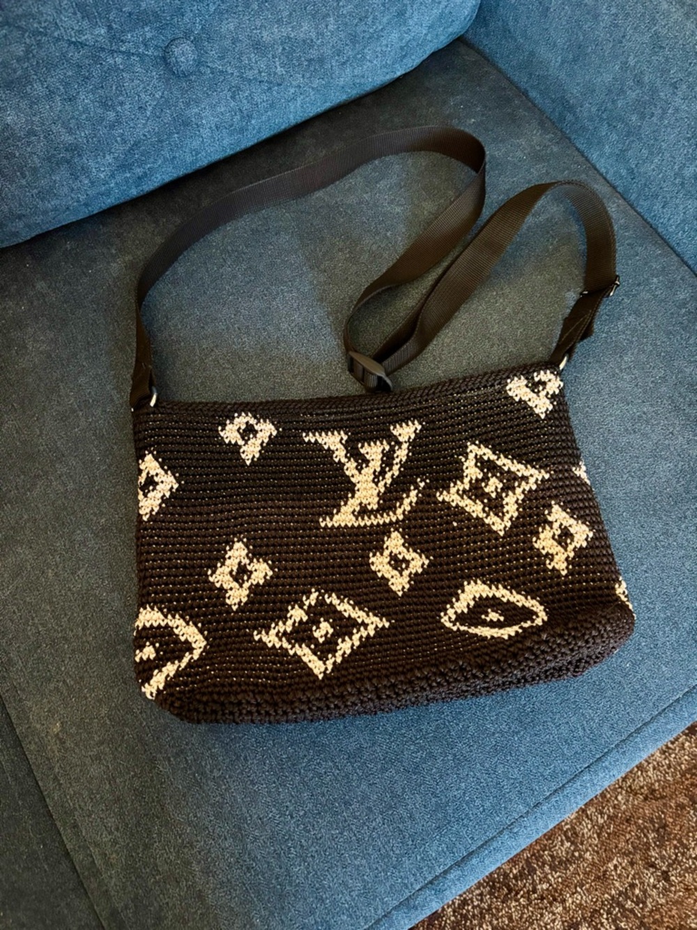 Hand Crafted Black Crochet Crossbody with Cream Motif